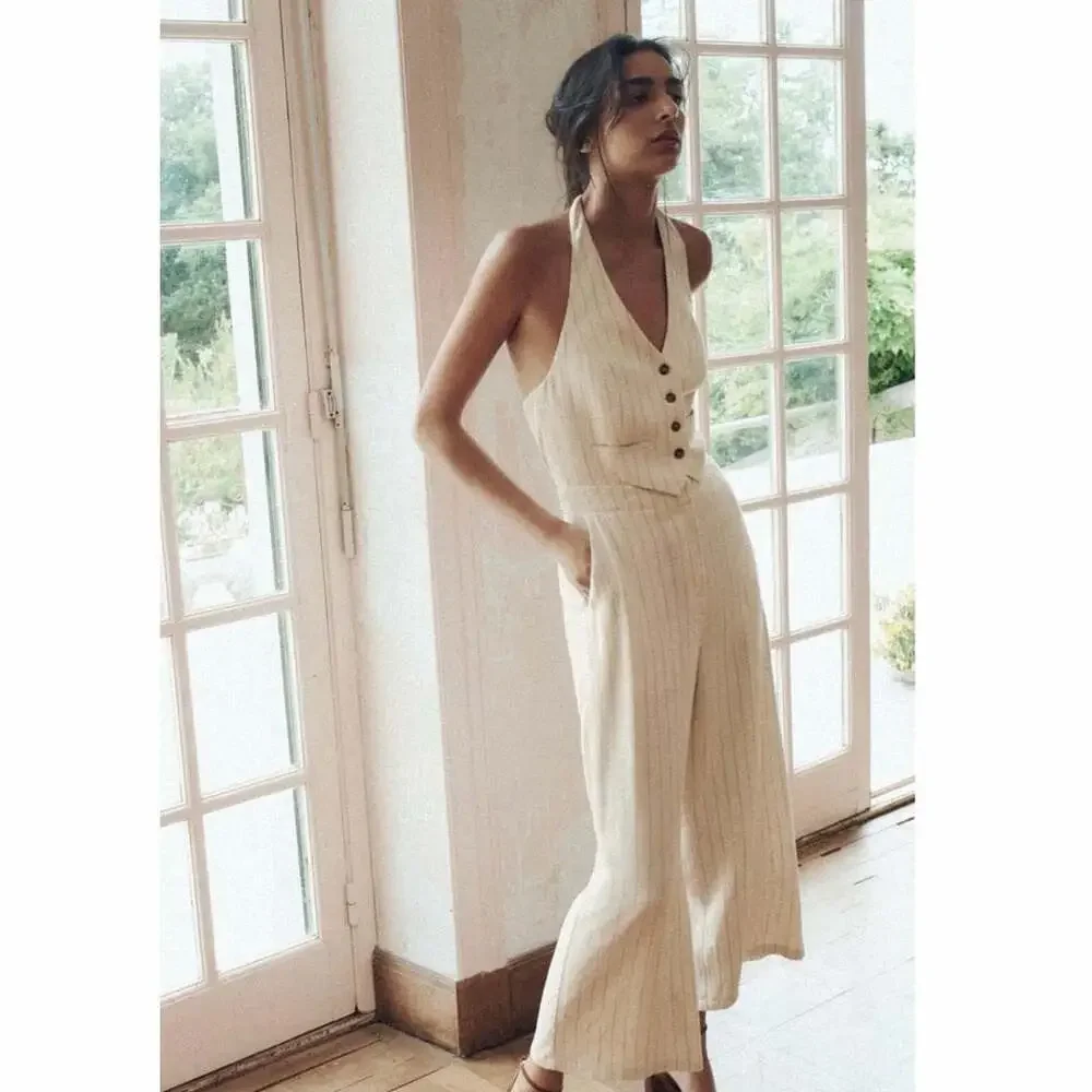 Zara Striped Linen Blend Rustic Halter Jumpsuit Beige Ecru Wide Leg Medium